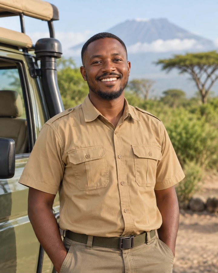 Safari guide standing beside a safari vehicle