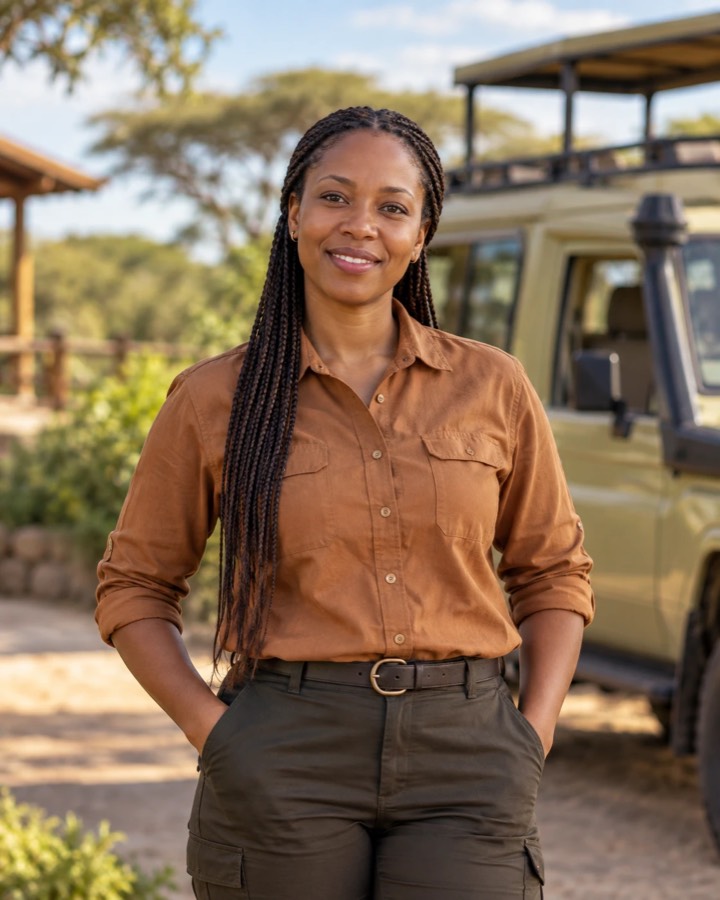 Safari planner standing beside a safari vehicle